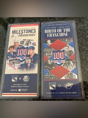 NY Rangers 100th Centennial 2 Commemorative Ticket Birth of Franchise Milestone